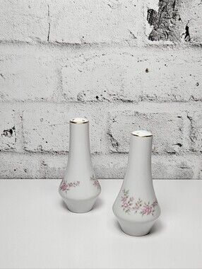 Vintage Japan Porcelain Salt and Pepper Shaker Set Pink Floral Gold Trim
